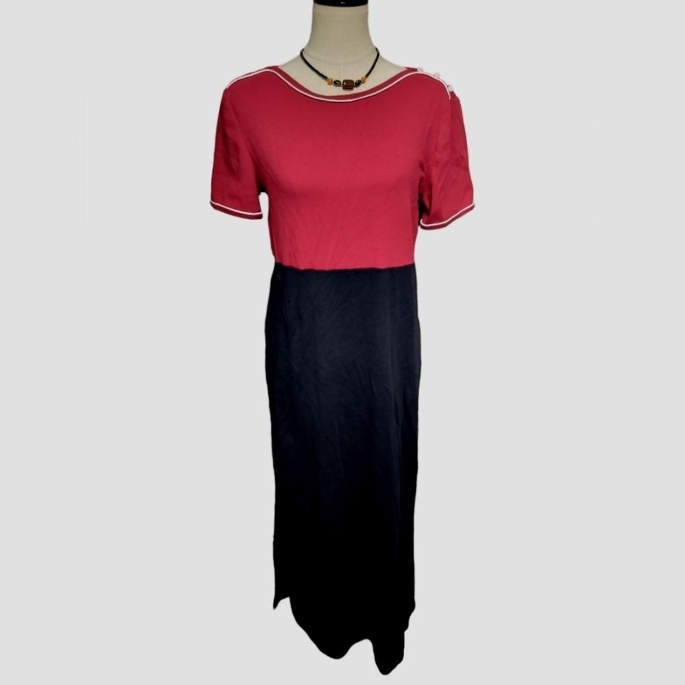 2644) Talbots Red-Black Colorblock Short Sleeve Jersey Knit Shirt Dress Size Med
